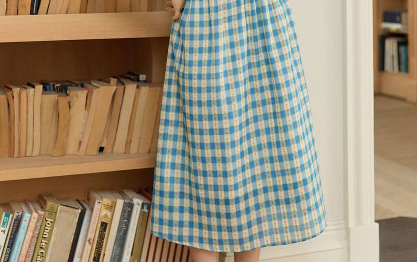 Short-Sleeve Square Neck Plaid Bow A-Line Dress (Various Designs)