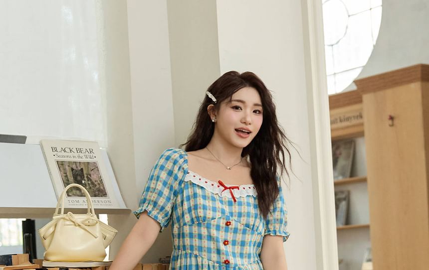 Short-Sleeve Square Neck Plaid Bow A-Line Dress (Various Designs)