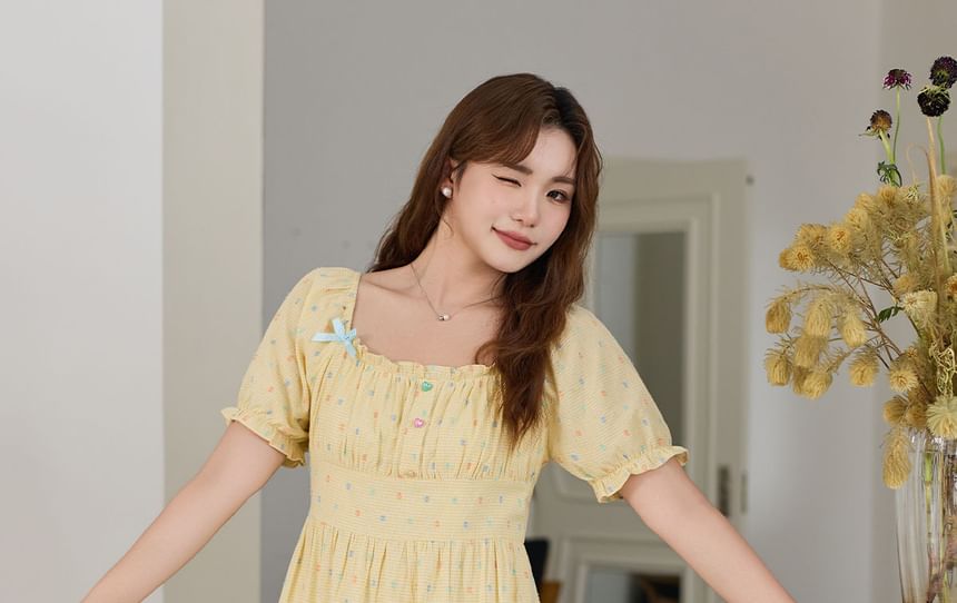 Short-Sleeve Square Neck Plaid Bow A-Line Dress (Various Designs)