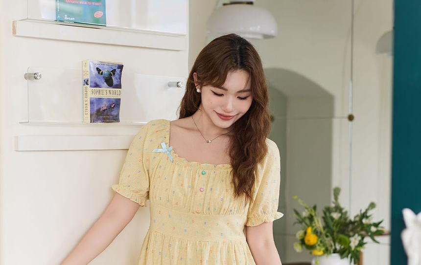 Short-Sleeve Square Neck Plaid Bow A-Line Dress (Various Designs)