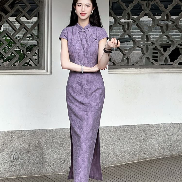 Cap Sleeve Jacquard Maxi Sheath Qipao / Plain Fringe Shawl / Set