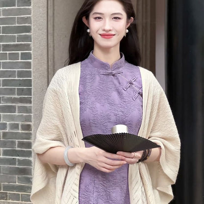 Cap Sleeve Jacquard Maxi Sheath Qipao / Plain Fringe Shawl / Set