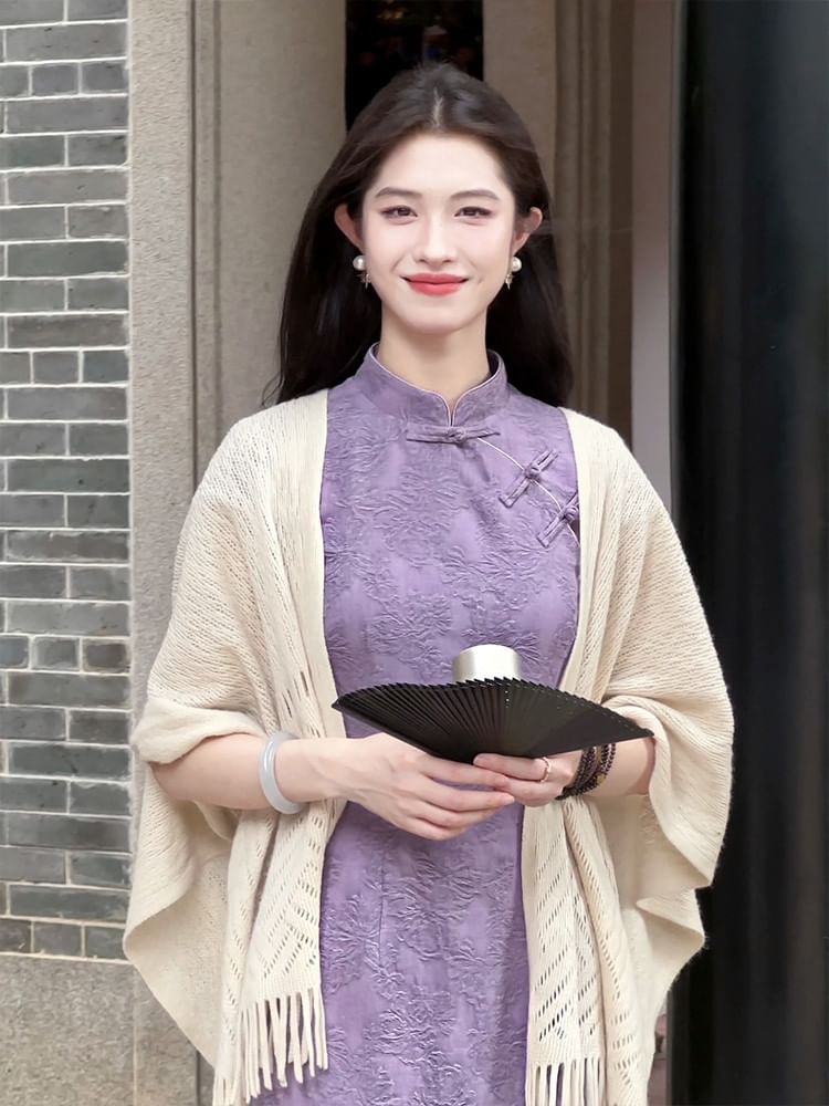 Cap Sleeve Jacquard Maxi Sheath Qipao / Plain Fringe Shawl / Set