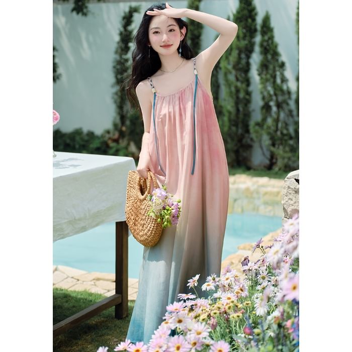 Spaghetti Strap Gradient Maxi A-Line Dress / V-Neck Plain Crochet Cardigan / Set