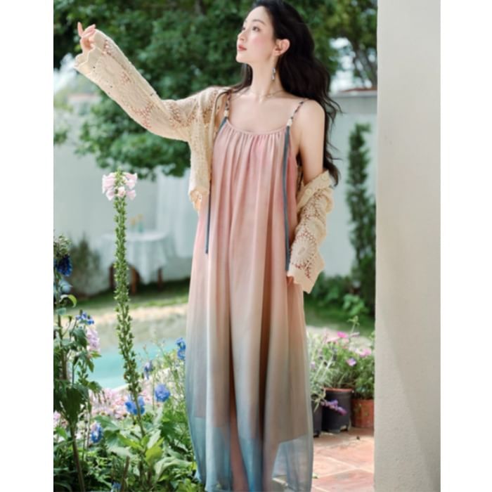 Spaghetti Strap Gradient Maxi A-Line Dress / V-Neck Plain Crochet Cardigan / Set