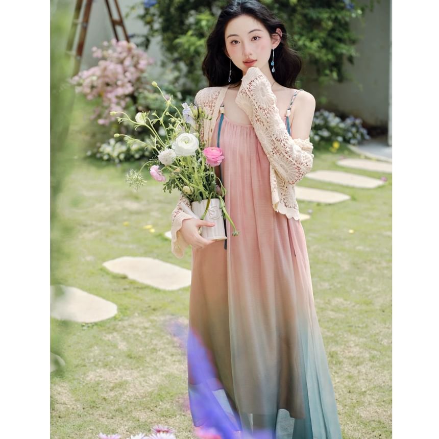 Spaghetti Strap Gradient Maxi A-Line Dress / V-Neck Plain Crochet Cardigan / Set