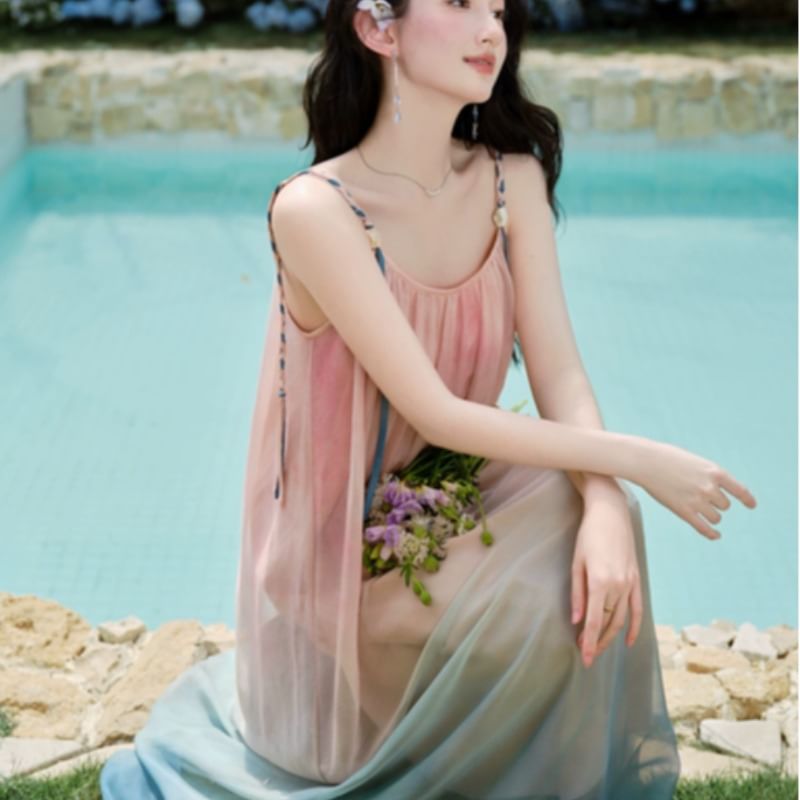 Spaghetti Strap Gradient Maxi A-Line Dress / V-Neck Plain Crochet Cardigan / Set