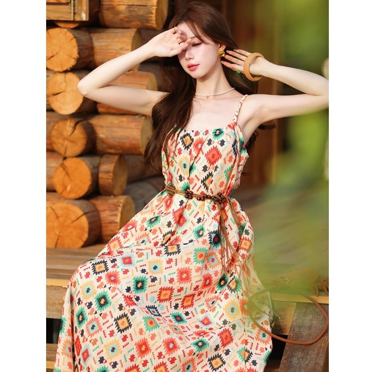 Spaghetti Strap Print Maxi A-Line Dress / V-Neck Plain Crochet Cardigan / Belt / Set