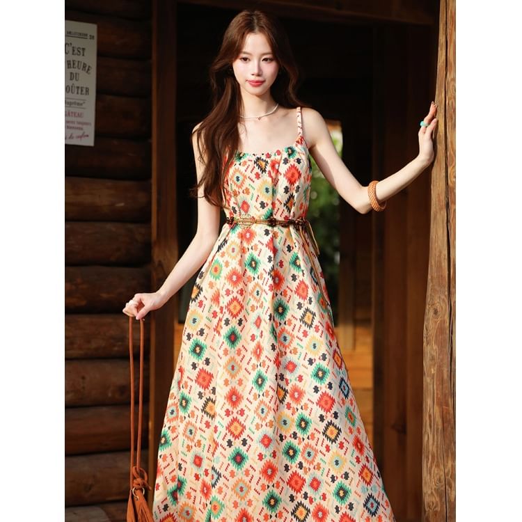 Spaghetti Strap Print Maxi A-Line Dress / V-Neck Plain Crochet Cardigan / Belt / Set