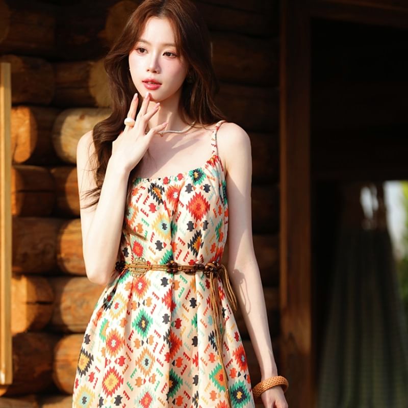 Spaghetti Strap Print Maxi A-Line Dress / V-Neck Plain Crochet Cardigan / Belt / Set