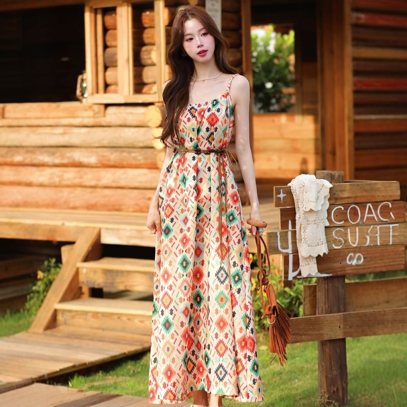 Spaghetti Strap Print Maxi A-Line Dress / V-Neck Plain Crochet Cardigan / Belt / Set