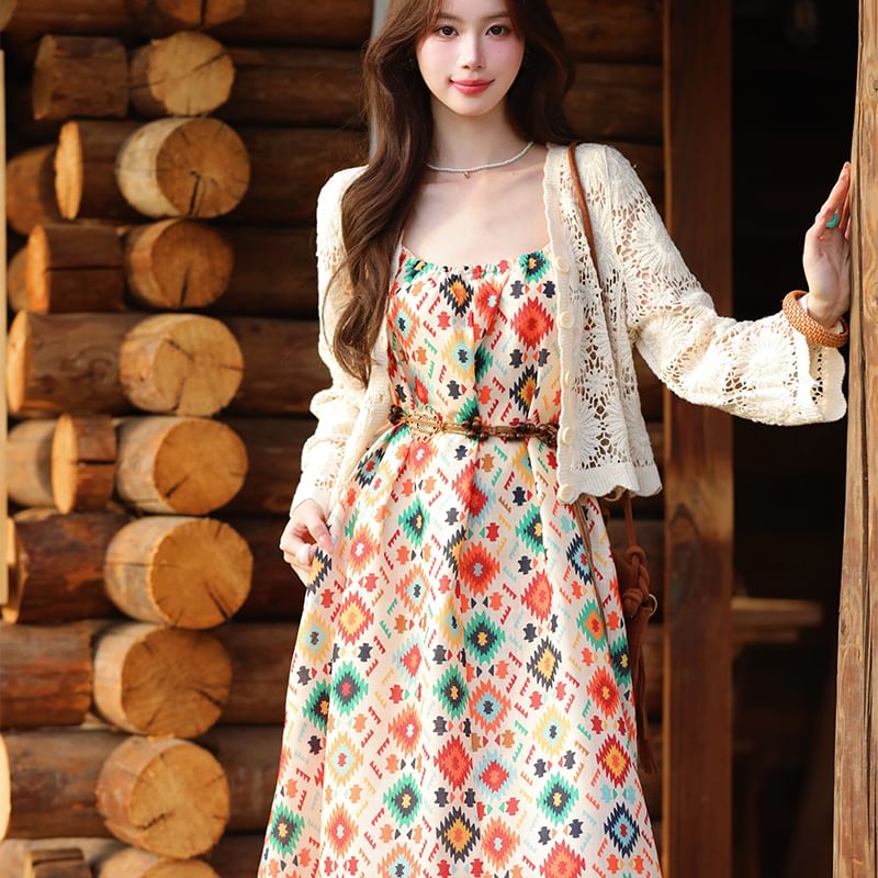 Spaghetti Strap Print Maxi A-Line Dress / V-Neck Plain Crochet Cardigan / Belt / Set
