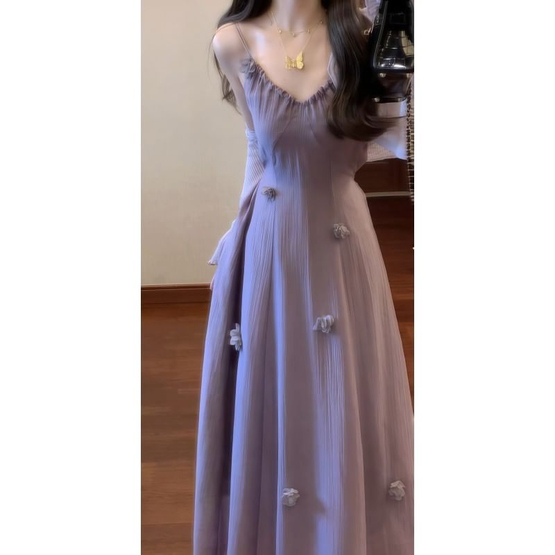 Spaghetti Strap V-Neck Plain Floral Applique Maxi A-Line Dress / Plain Cardigan / Set