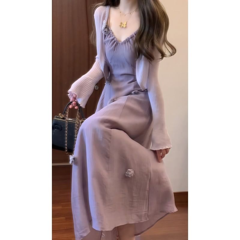 Spaghetti Strap V-Neck Plain Floral Applique Maxi A-Line Dress / Plain Cardigan / Set