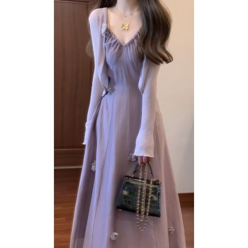 Spaghetti Strap V-Neck Plain Floral Applique Maxi A-Line Dress / Plain Cardigan / Set