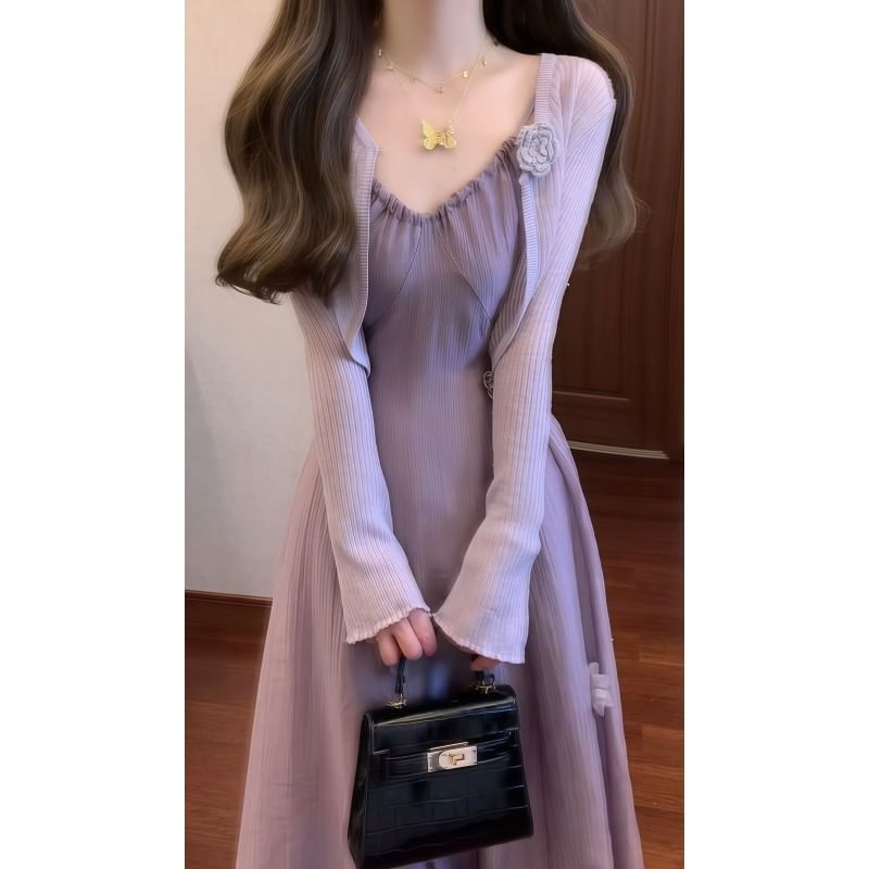 Spaghetti Strap V-Neck Plain Floral Applique Maxi A-Line Dress / Plain Cardigan / Set