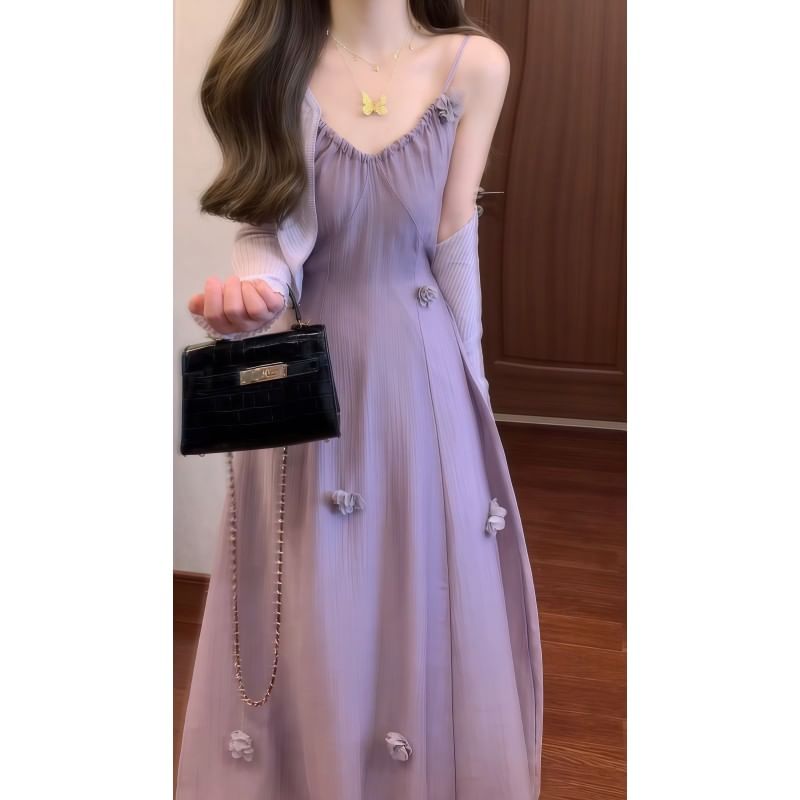 Spaghetti Strap V-Neck Plain Floral Applique Maxi A-Line Dress / Plain Cardigan / Set