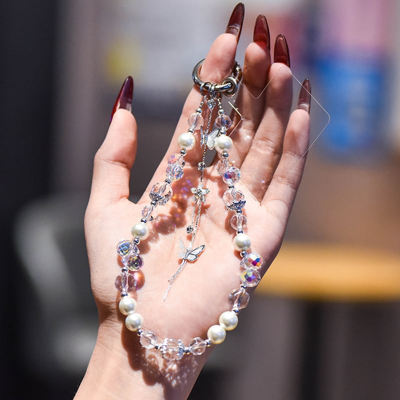Butterfly Wrist Faux Strap Lanyard Pearl Pad with Phone
