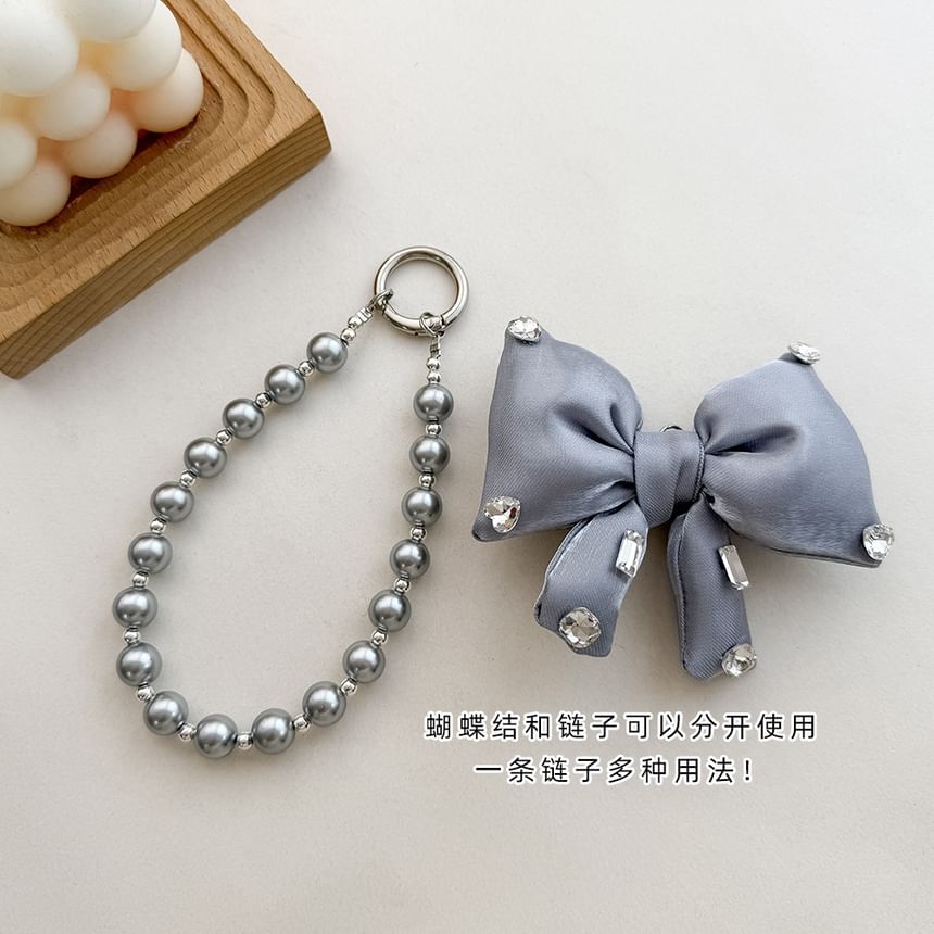 Phone Lanyard Pearl Rhinestone Pad Charm Bow Faux with