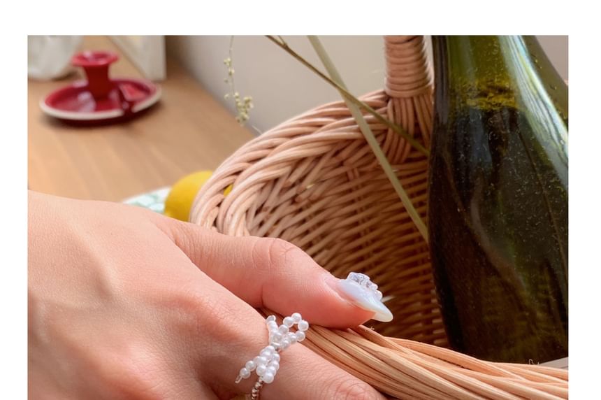 Beaded Elastic Bow Sterling Ring Silver 925