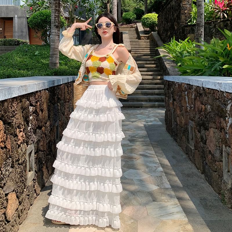 Spaghetti Strap Scoop Neck Crochet Crop Camisole Top / Crop Light Cardigan / High Waist Plain Ruffle Trim Maxi A-Line Skirt