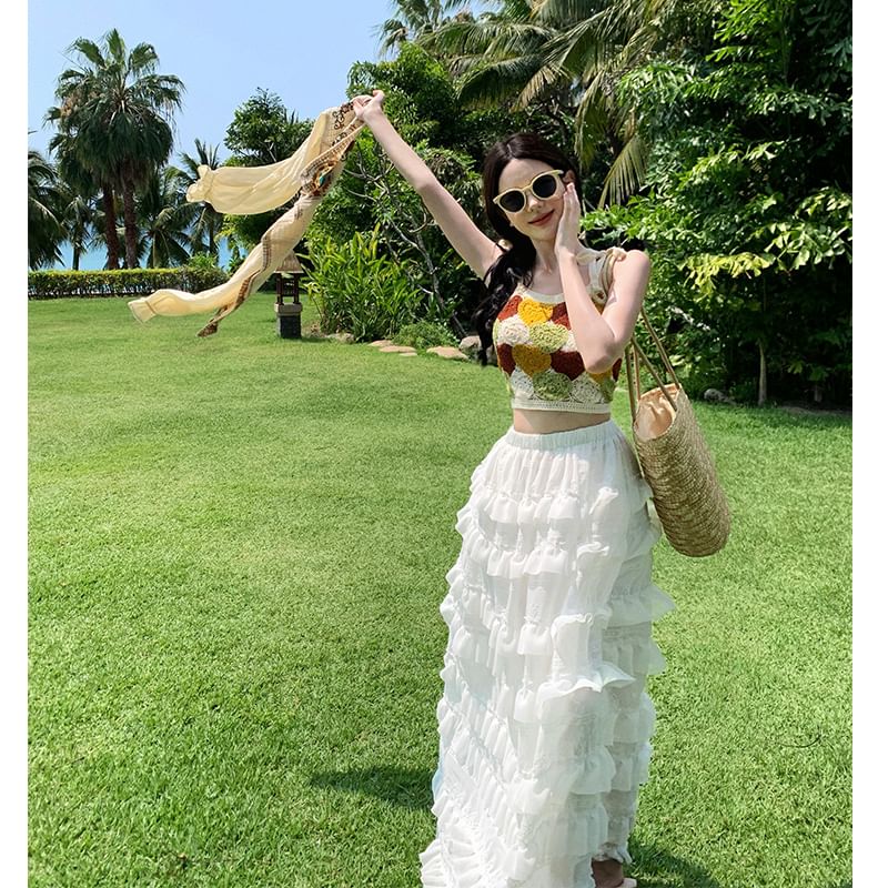 Spaghetti Strap Scoop Neck Crochet Crop Camisole Top / Crop Light Cardigan / High Waist Plain Ruffle Trim Maxi A-Line Skirt