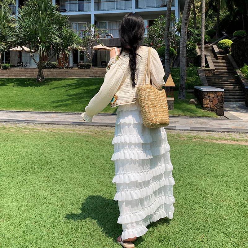 Spaghetti Strap Scoop Neck Crochet Crop Camisole Top / Crop Light Cardigan / High Waist Plain Ruffle Trim Maxi A-Line Skirt