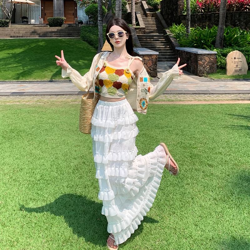 Spaghetti Strap Scoop Neck Crochet Crop Camisole Top / Crop Light Cardigan / High Waist Plain Ruffle Trim Maxi A-Line Skirt