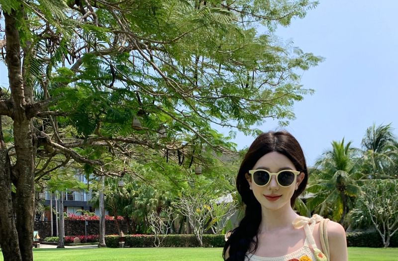 Spaghetti Strap Scoop Neck Crochet Crop Camisole Top / Crop Light Cardigan / High Waist Plain Ruffle Trim Maxi A-Line Skirt