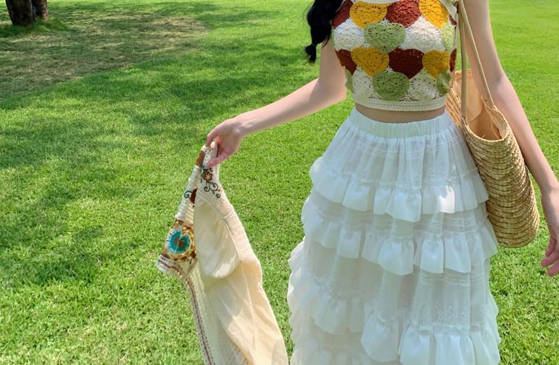 Spaghetti Strap Scoop Neck Crochet Crop Camisole Top / Crop Light Cardigan / High Waist Plain Ruffle Trim Maxi A-Line Skirt