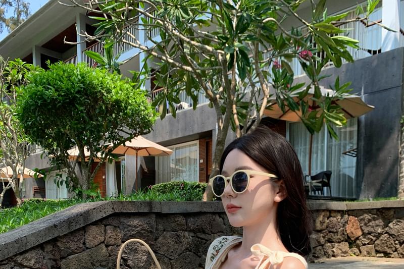 Spaghetti Strap Scoop Neck Crochet Crop Camisole Top / Crop Light Cardigan / High Waist Plain Ruffle Trim Maxi A-Line Skirt