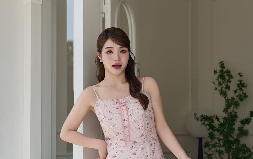 Spaghetti Strap Floral Print Midi A-Line Dress