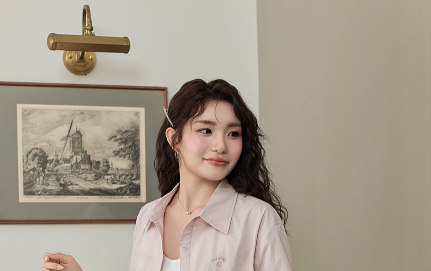 Short-Sleeve Letter Embroidered Button-Up Shirt