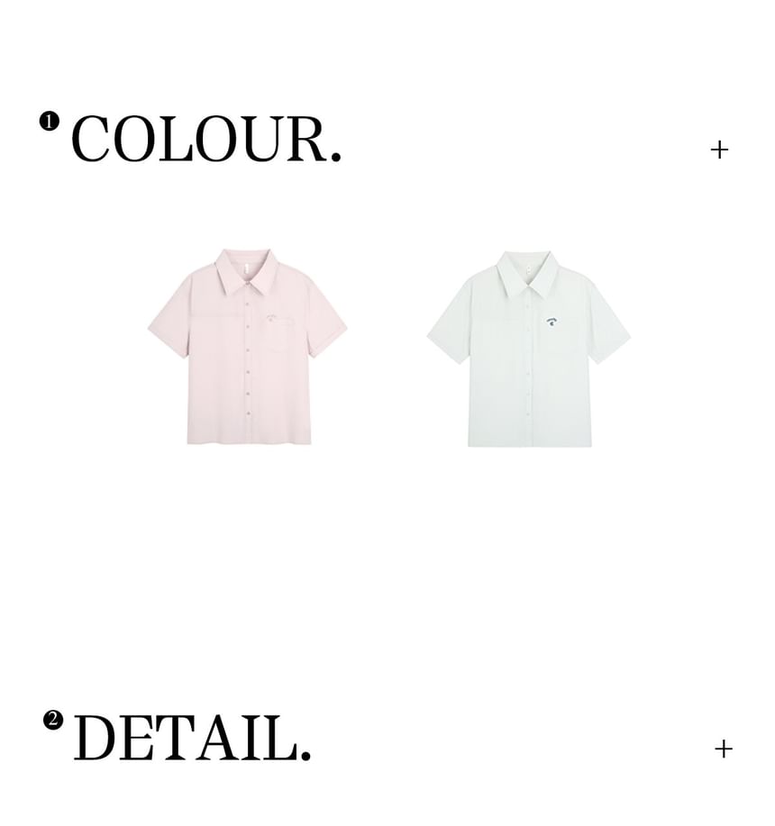 Short-Sleeve Letter Embroidered Button-Up Shirt