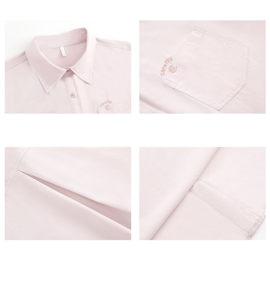 Short-Sleeve Letter Embroidered Button-Up Shirt