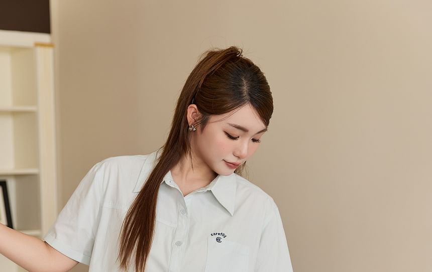 Short-Sleeve Letter Embroidered Button-Up Shirt