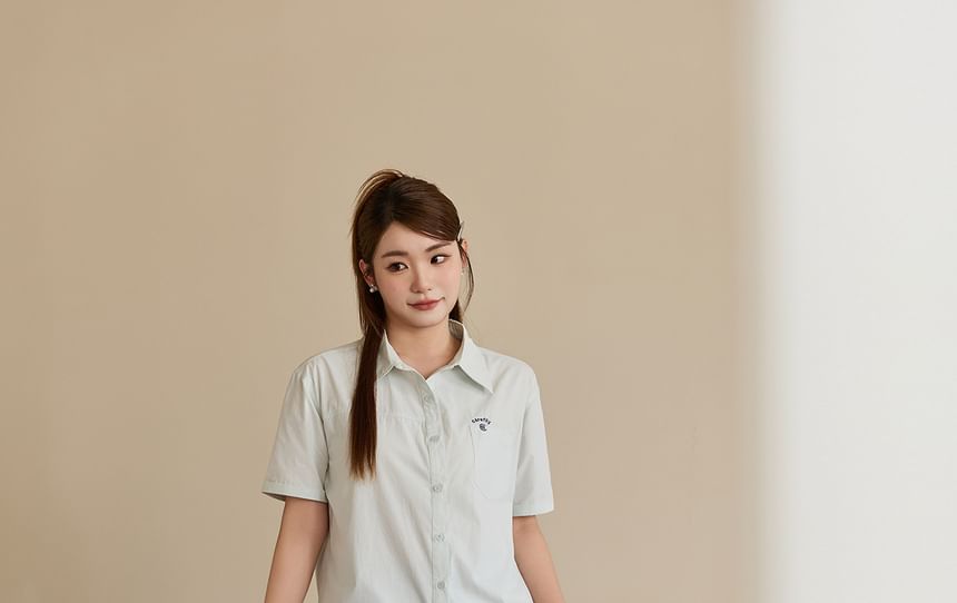 Short-Sleeve Letter Embroidered Button-Up Shirt