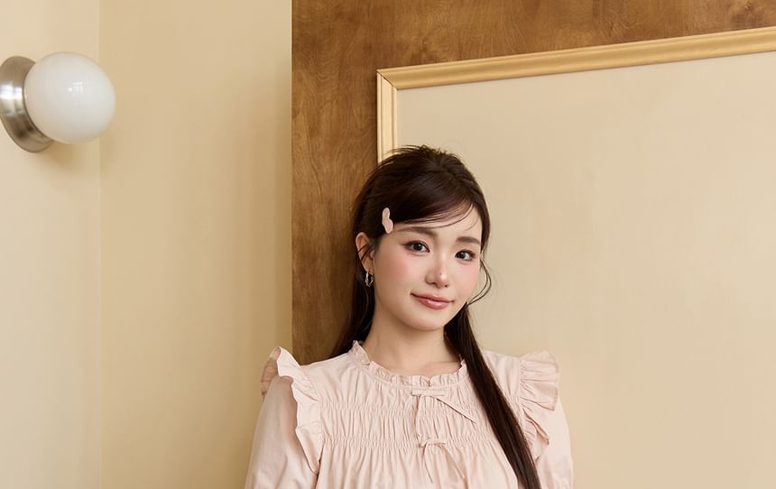 Puff-Sleeve Plain Ruffled Bow Blouse
