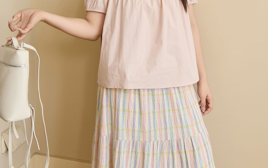 Puff-Sleeve Plain Ruffled Bow Blouse