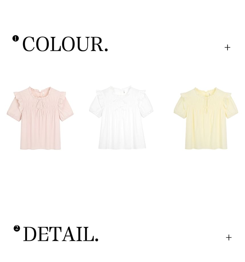 Puff-Sleeve Plain Ruffled Bow Blouse