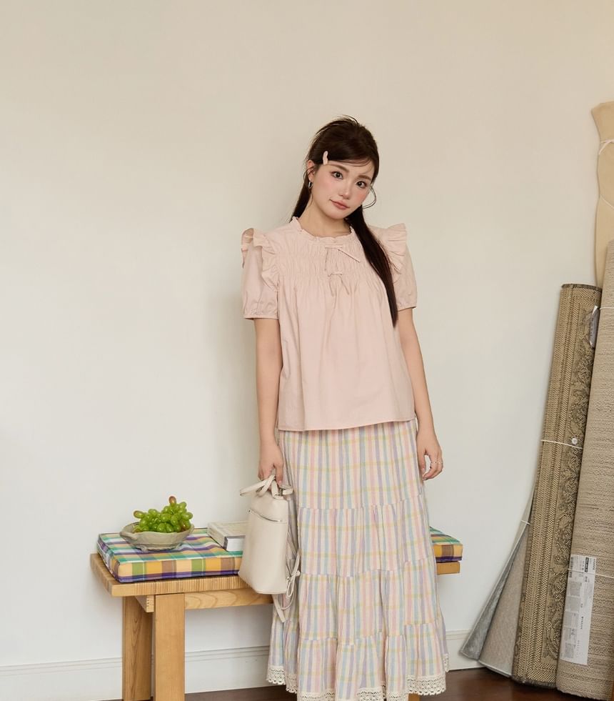 Puff-Sleeve Plain Ruffled Bow Blouse