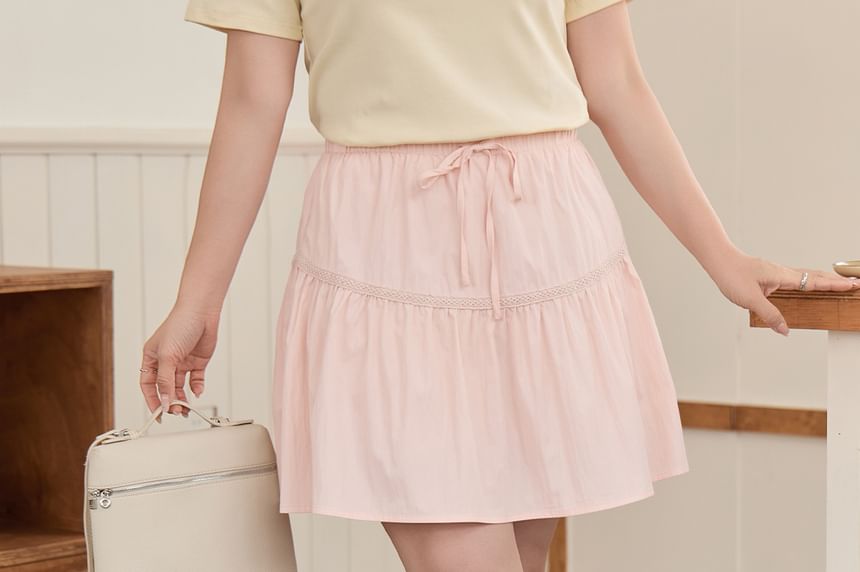 High Rise Plain Lace Trim Mini A-Line Skirt