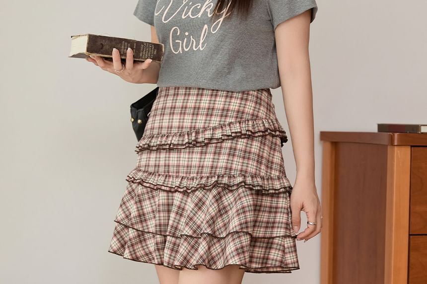 High Waist Plaid Ruffled Mini A-Line Skirt