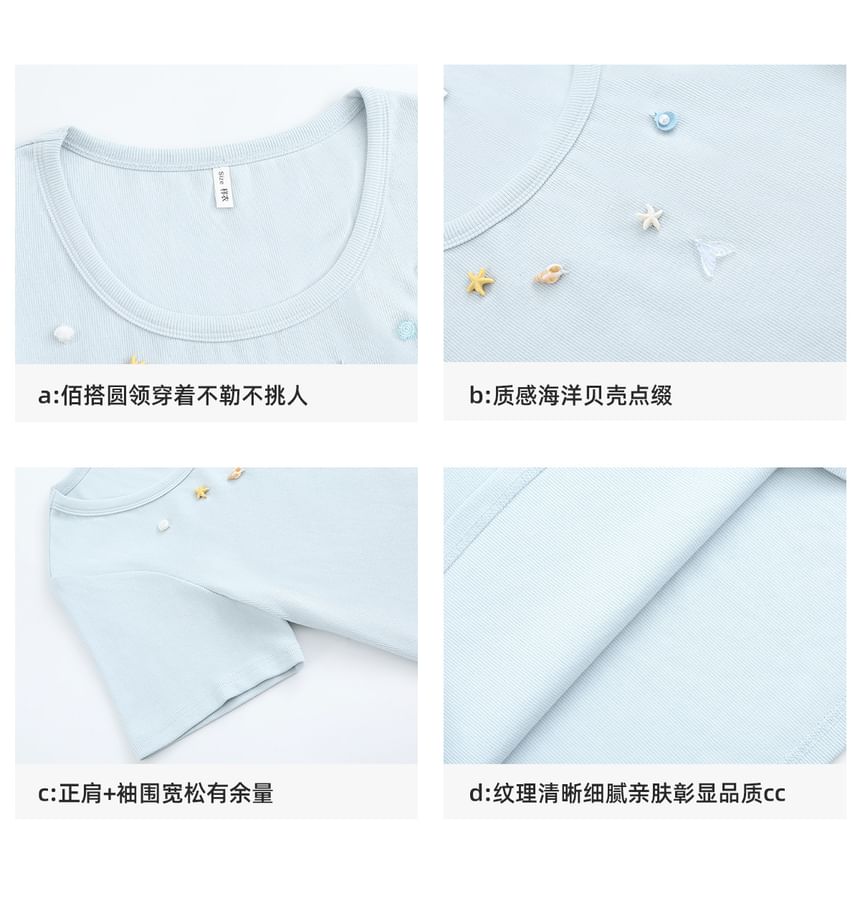Short-Sleeve Scoop Neck Beaded T-Shirt