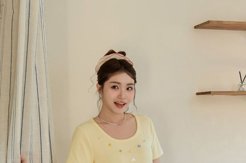 Short-Sleeve Scoop Neck Beaded T-Shirt