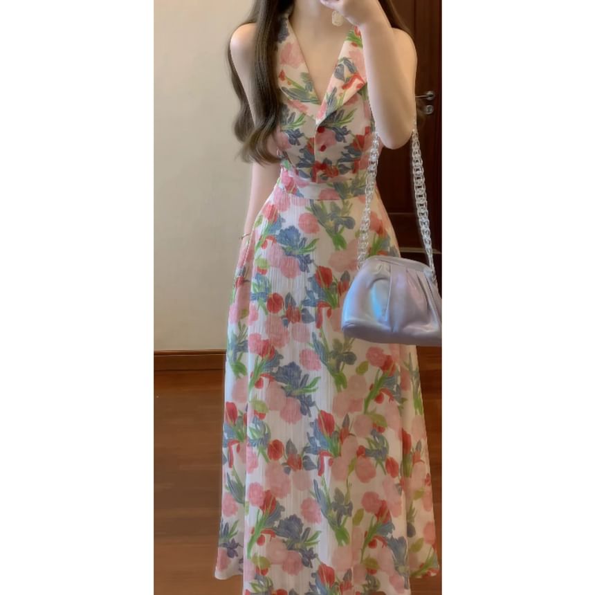 Sleeveless Collared Floral Print Button Maxi A-Line Dress / Plain Cardigan / Set