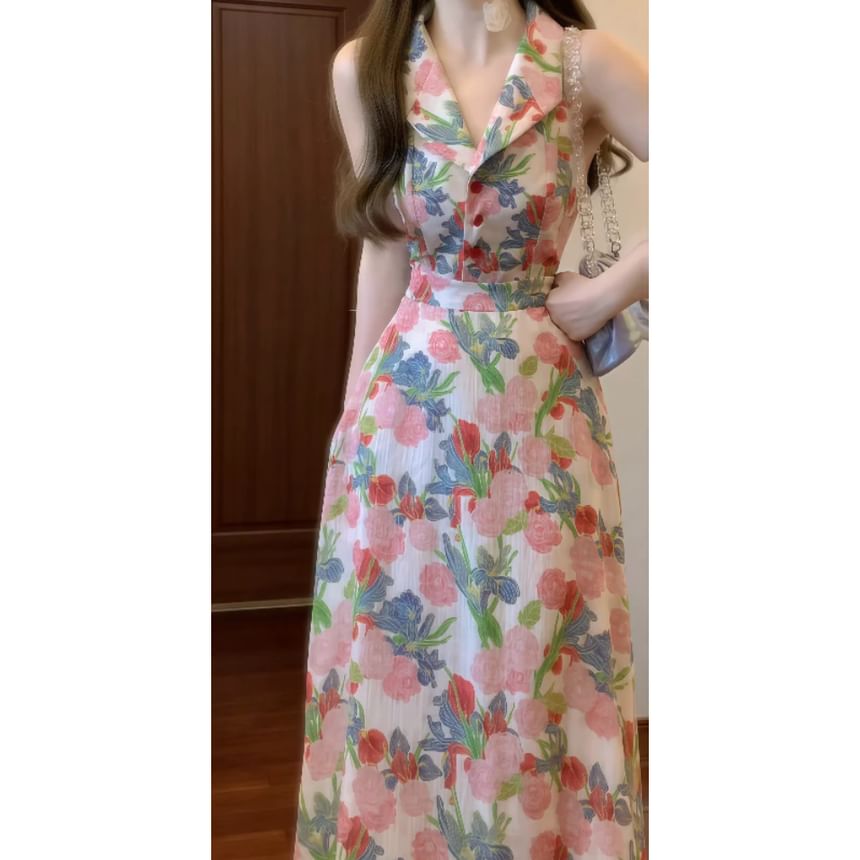 Sleeveless Collared Floral Print Button Maxi A-Line Dress / Plain Cardigan / Set