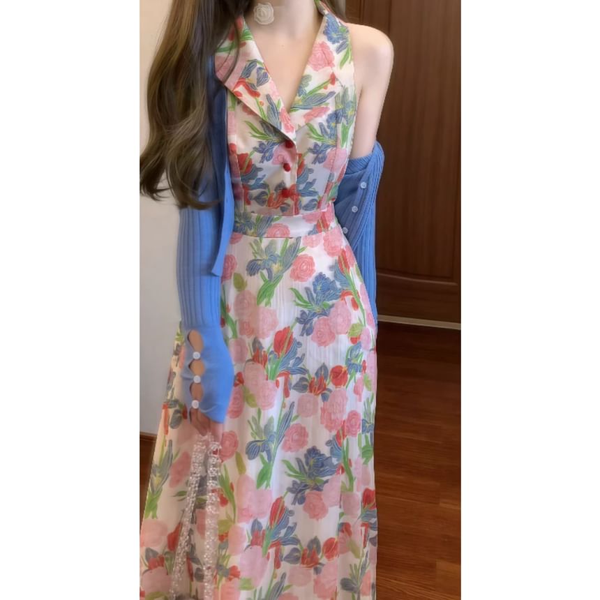 Sleeveless Collared Floral Print Button Maxi A-Line Dress / Plain Cardigan / Set