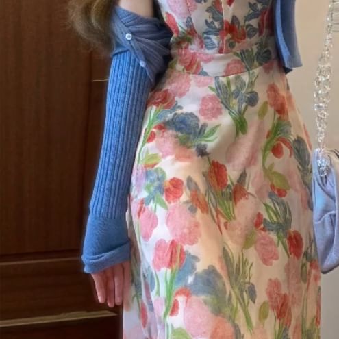 Sleeveless Collared Floral Print Button Maxi A-Line Dress / Plain Cardigan / Set