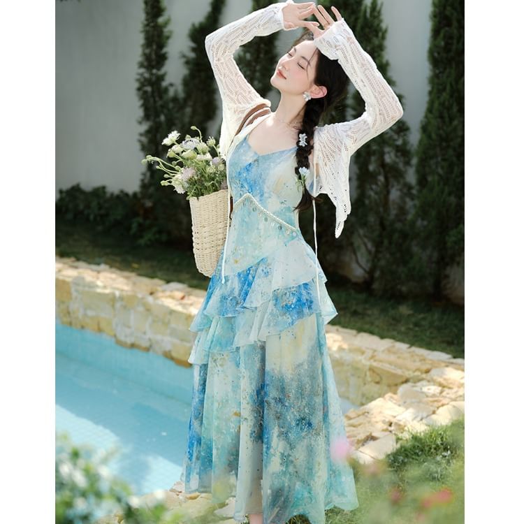 Spaghetti Strap V-Neck Floral Print Ruffle Maxi A-Line Dress / Plain Tie Front Cardigan / Set